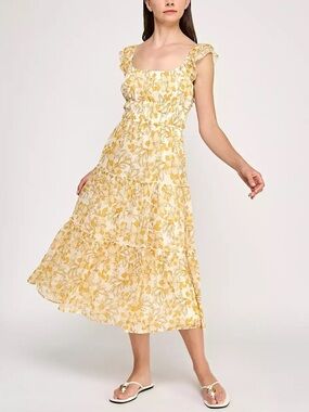 Trixxi Yellow Floral Ruffle-Shoulder Tiered Midi Dress (Juniors)